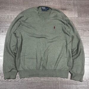 Polo Ralph Lauren Men's V-Neck Sweater Green Pima Cotton Logo Size L